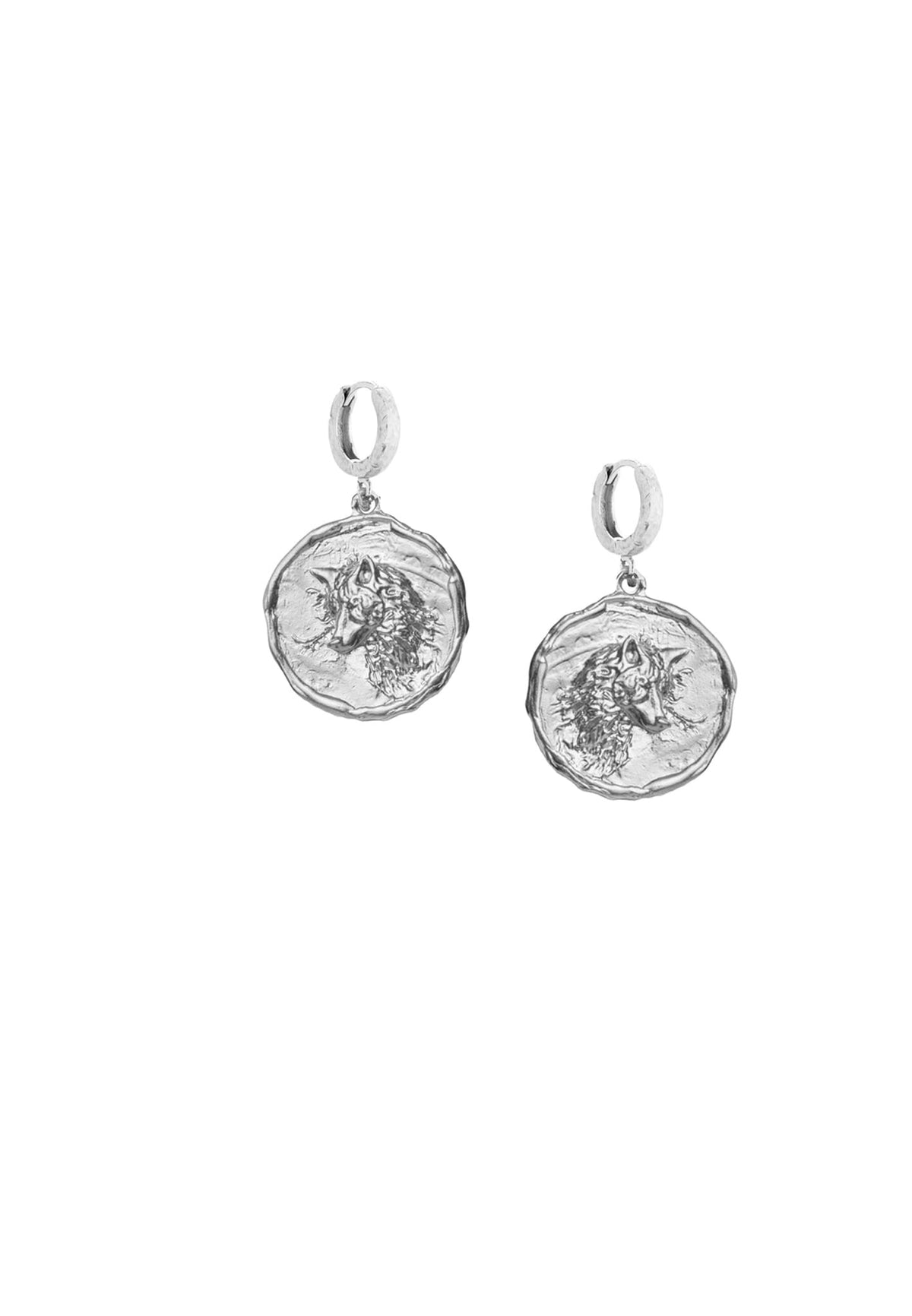Silver earrings WOLVES medallion No.2