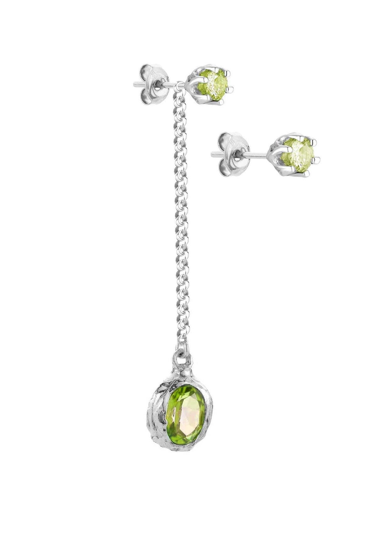 Long silver earring with a stone