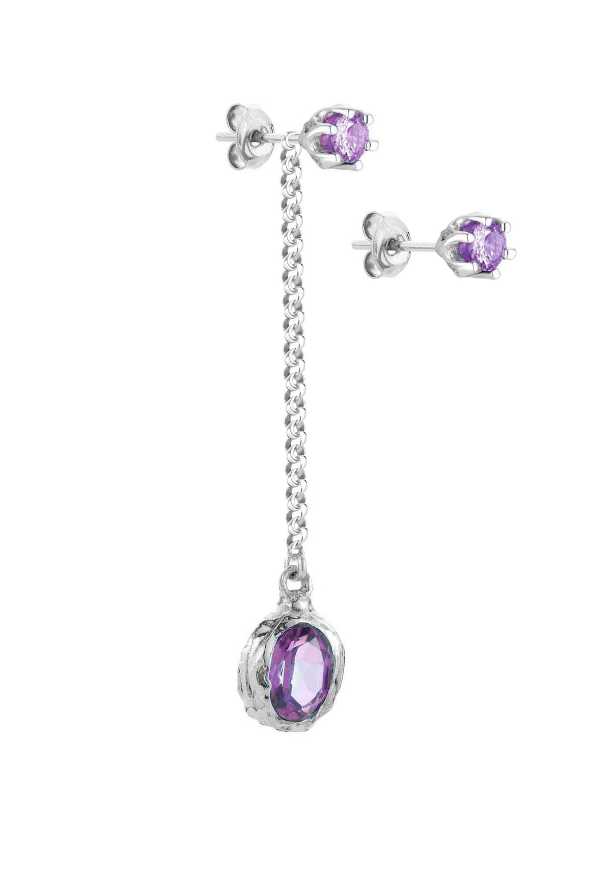 Long silver earring with a stone