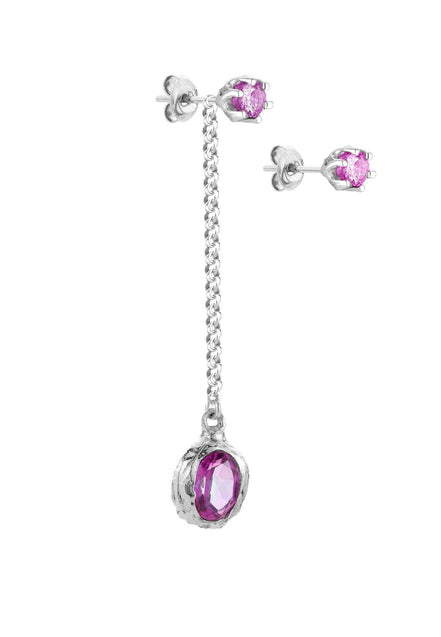 Long silver earring with a stone