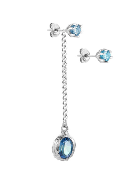 Long silver earring with a stone