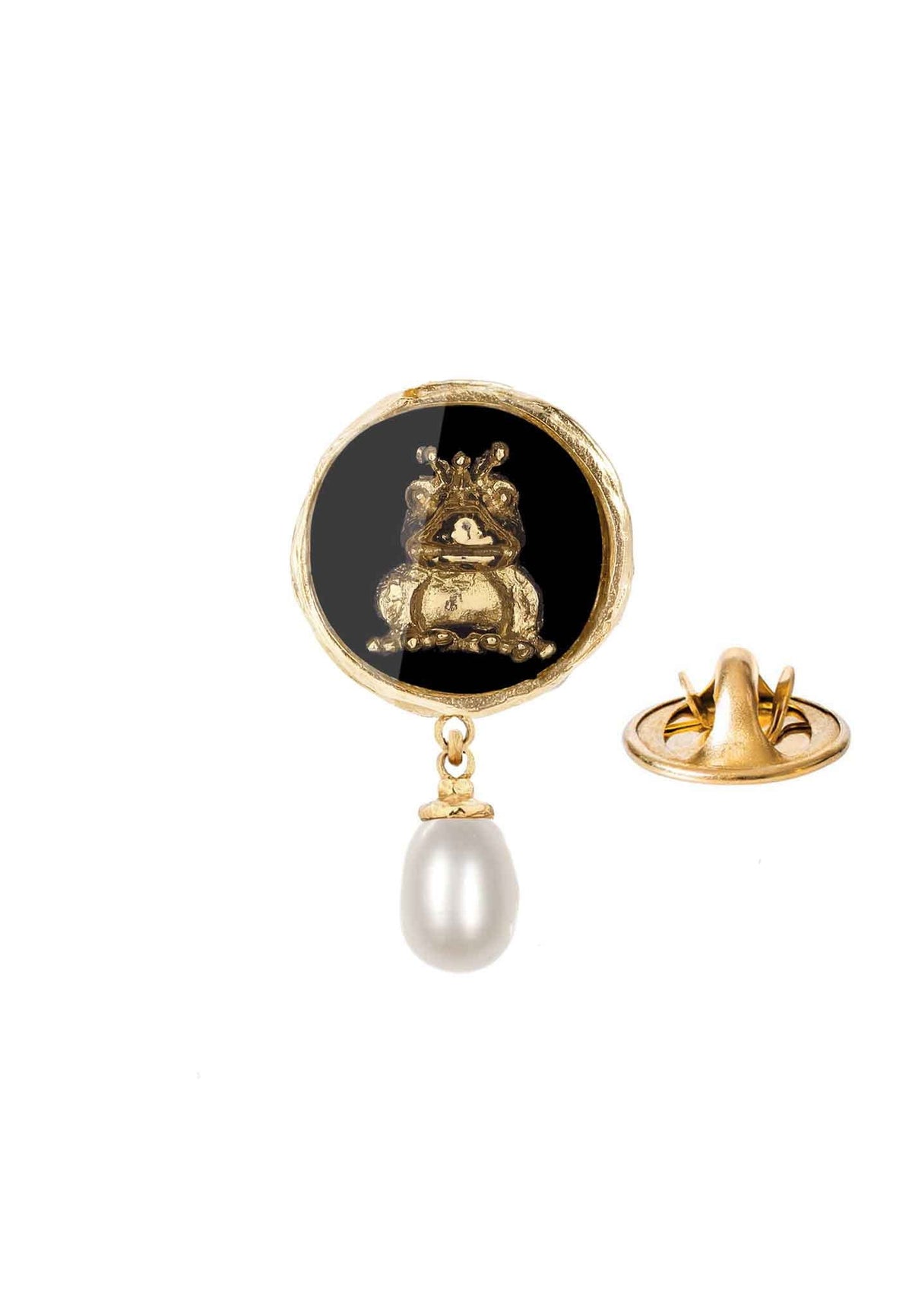 Gold-plated frog pin with a pearl