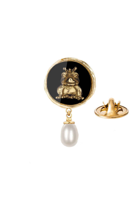 Gold-plated frog pin with a pearl