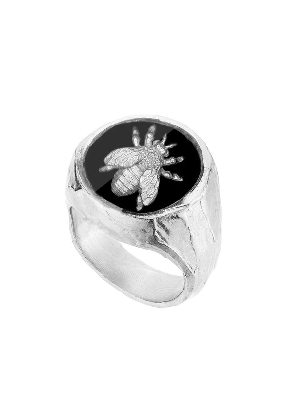 Silver signet ring with a bee